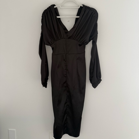 Black Satin Long Sleeve Midi Dress with Slit Size 2 Evening Date Night - Picture 3 of 8